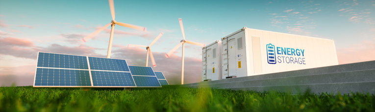 [Translate to English:] Grafische Darstellung Photovoltaik, Windräder, Energiespeicher