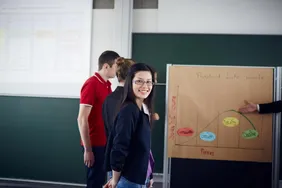 Students standing in front of a Whiteboard