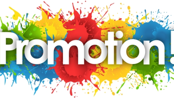 Picture of the word promotion in front of colourful blobs of paint